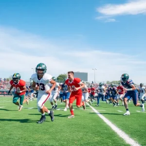 High school football players in action on the field
