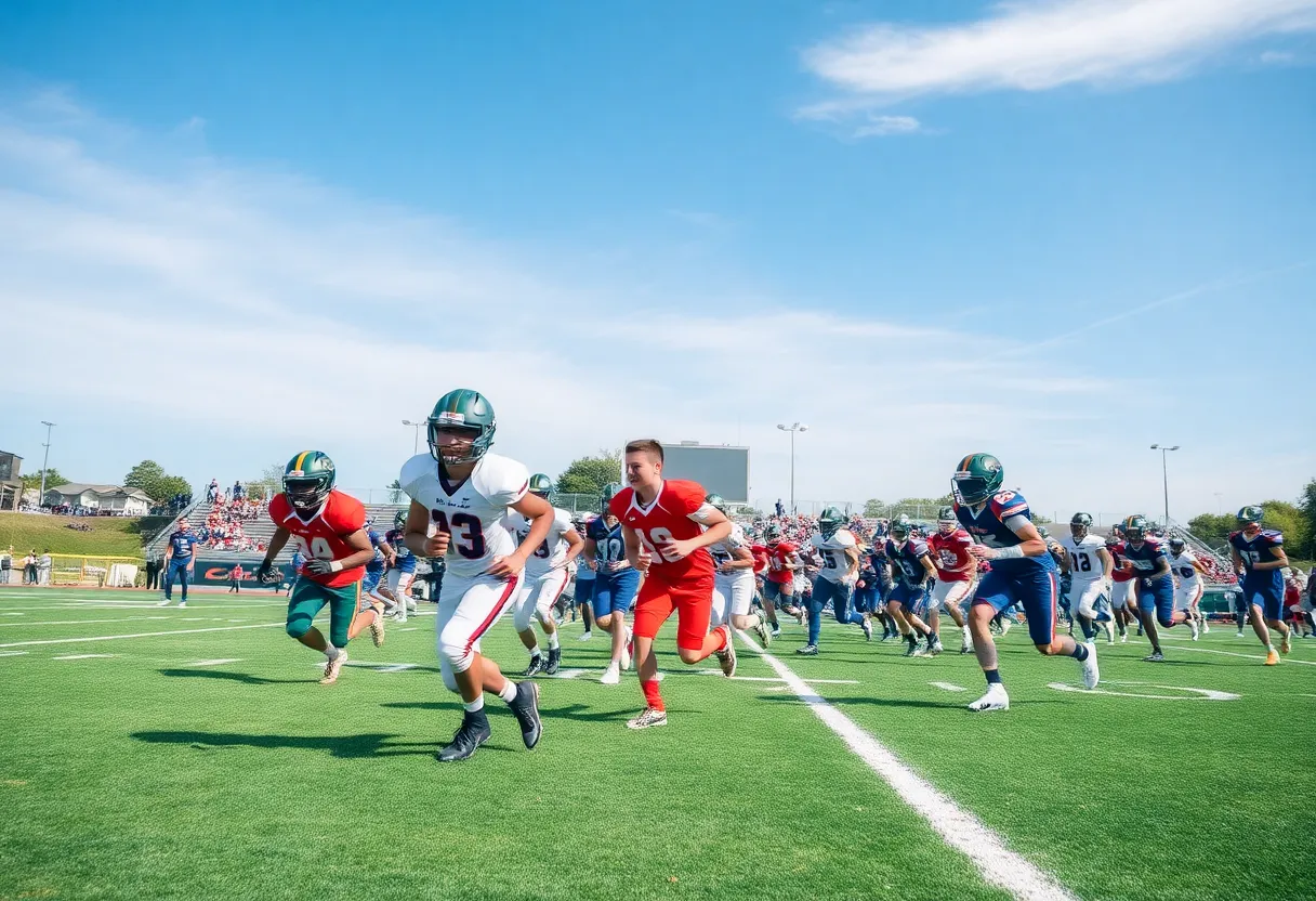 High school football players in action on the field