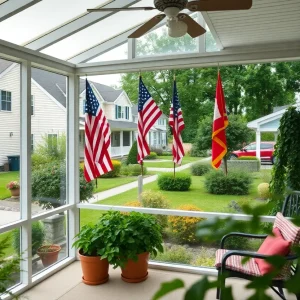Sunroom showing various flags in a Myrtle Beach neighborhood