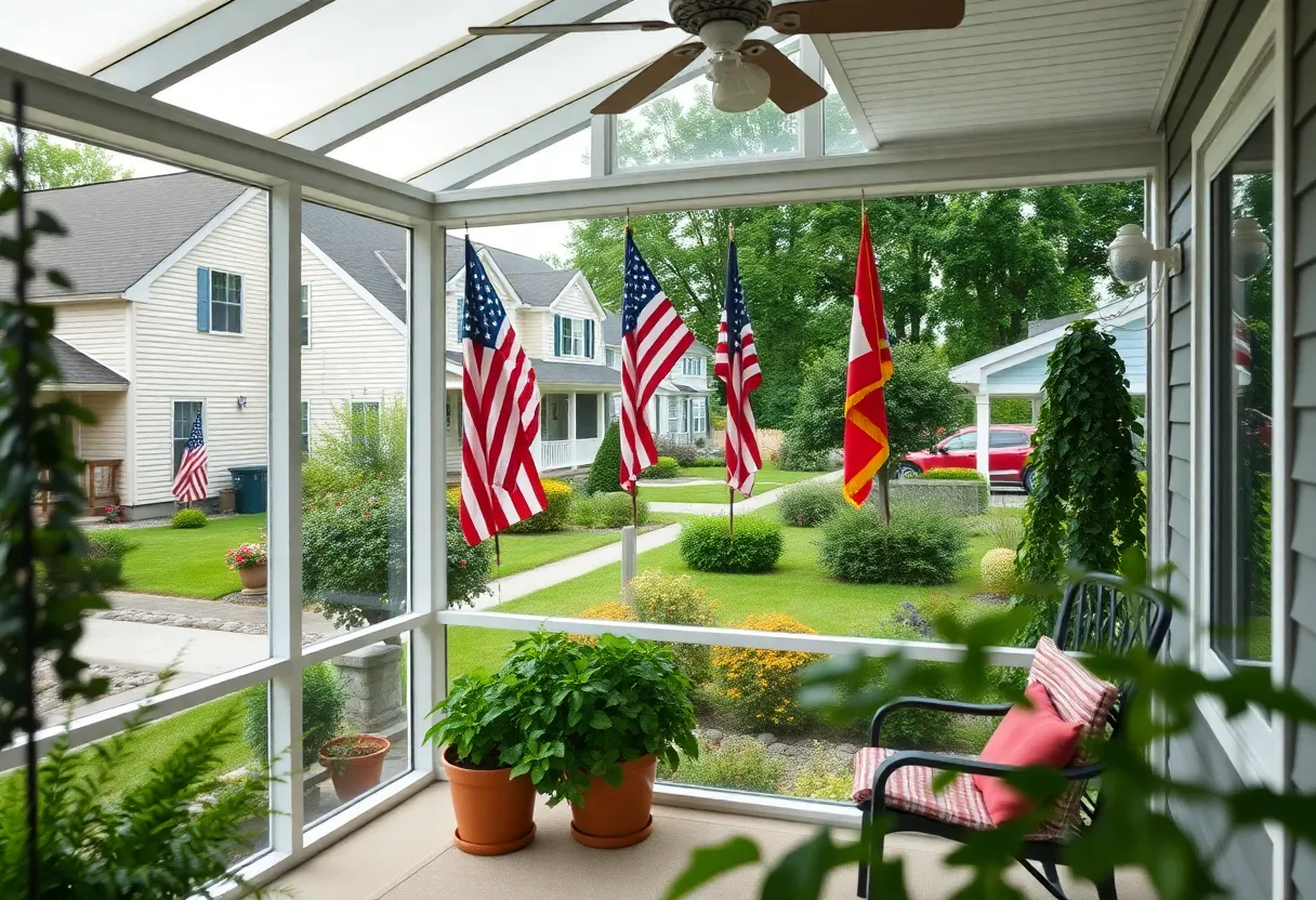 Sunroom showing various flags in a Myrtle Beach neighborhood