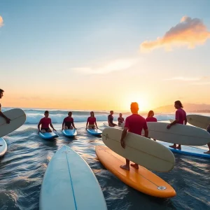 Surfers taking lessons on the beach during sunset in Myrtle Beach