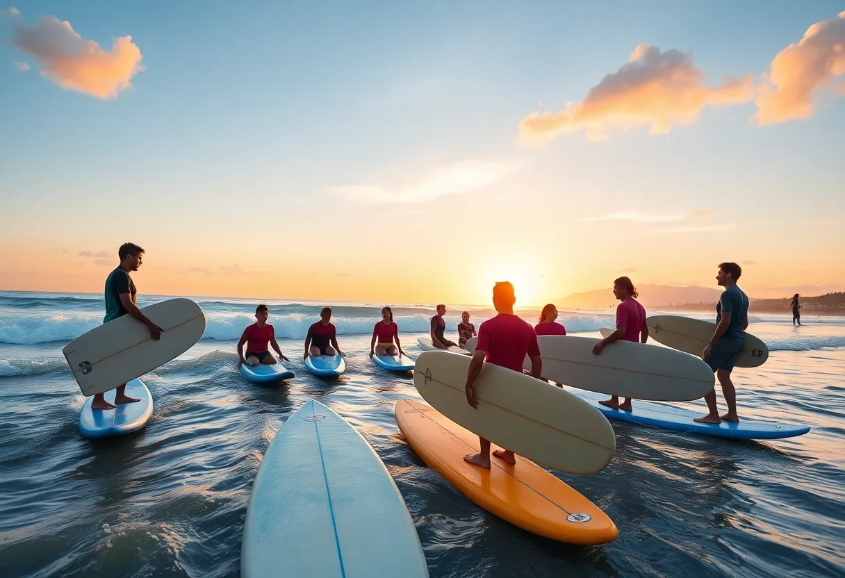 Surfers taking lessons on the beach during sunset in Myrtle Beach