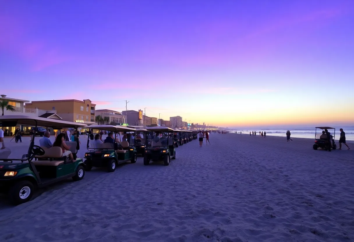 Golf carts parked at Surfside Beach during dusk.
