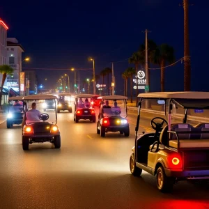 Golf carts illuminated at night in Surfside Beach