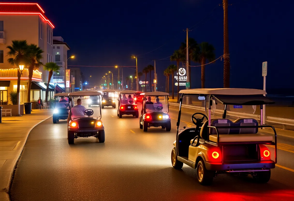 Golf carts illuminated at night in Surfside Beach