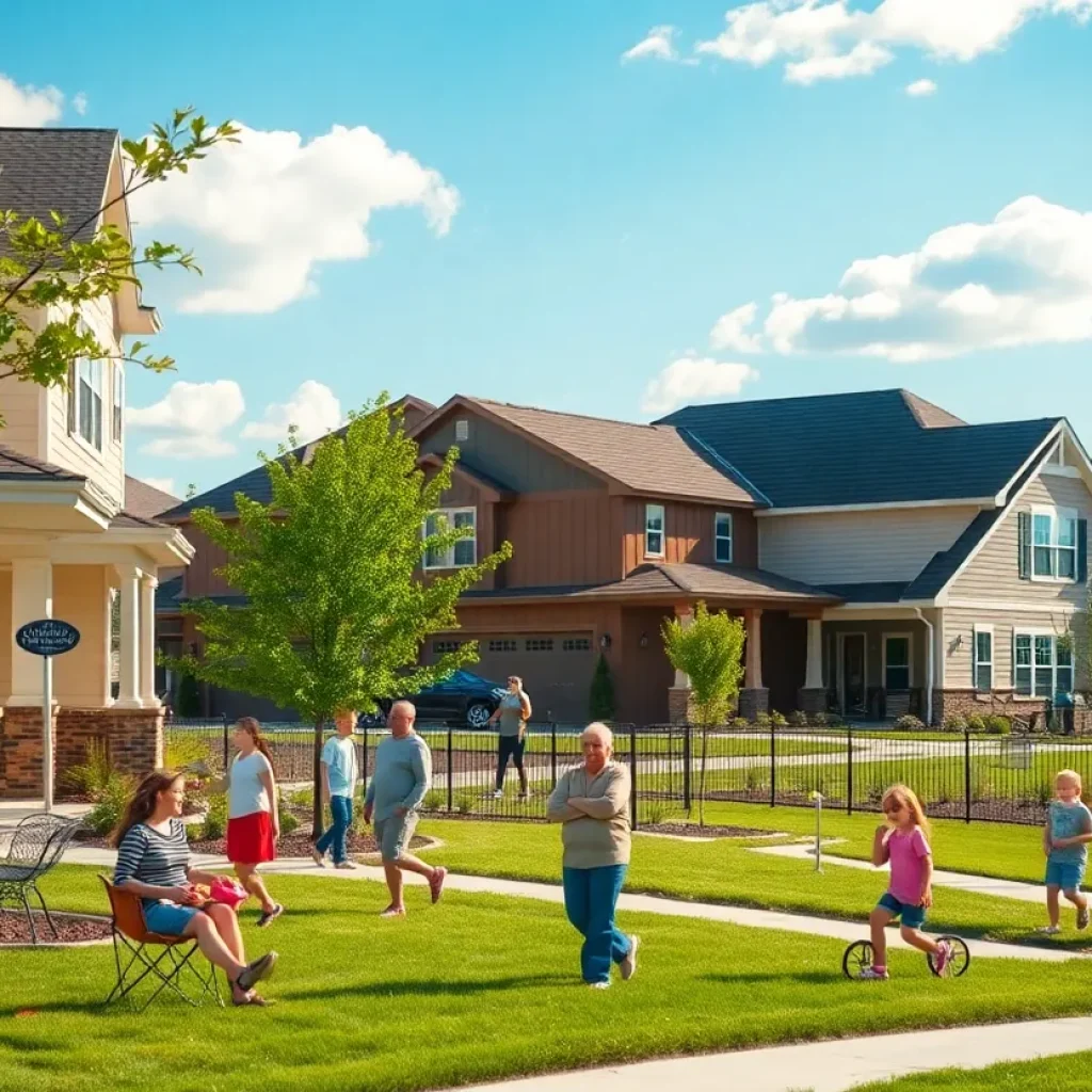 Suburban neighborhood in Texas with families and trees.