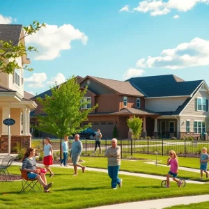 Suburban neighborhood in Texas with families and trees.