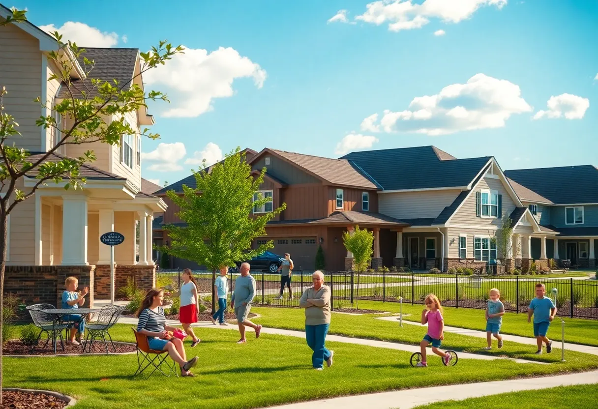 Suburban neighborhood in Texas with families and trees.