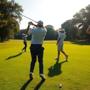UConn men's golf team practicing on the golf course