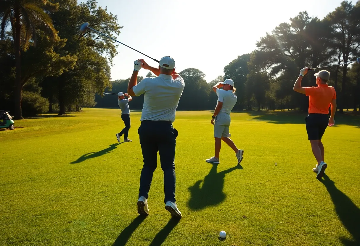 UConn men's golf team practicing on the golf course