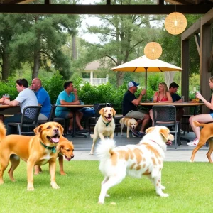 Outdoor bar setting with dogs playing