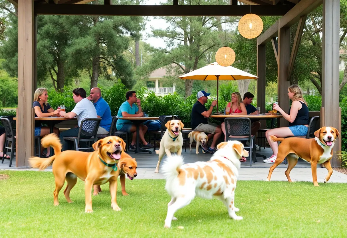 Outdoor bar setting with dogs playing