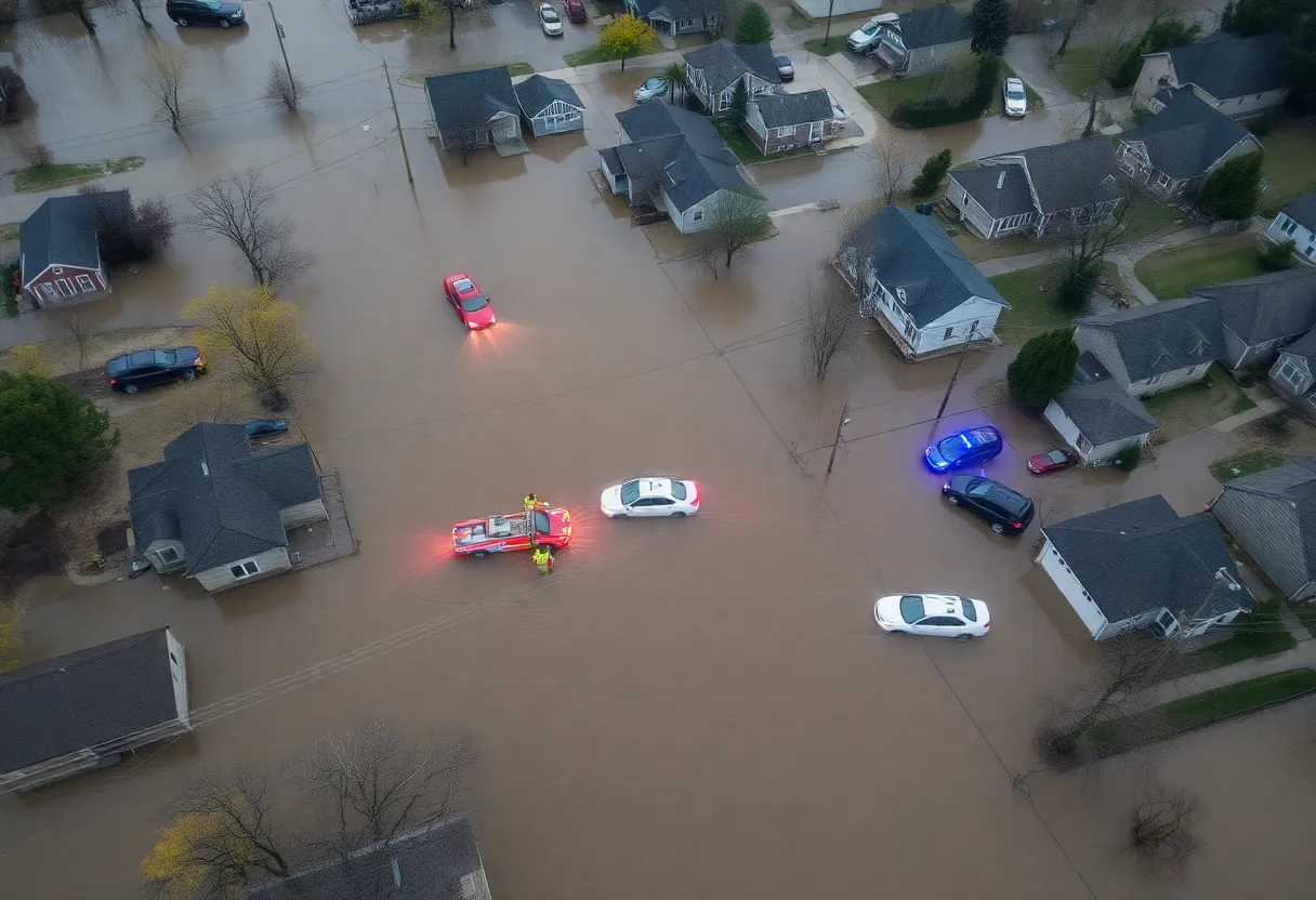 Aerial view of severe flooding in Wauwatosa showing submerged homes and vehicles.