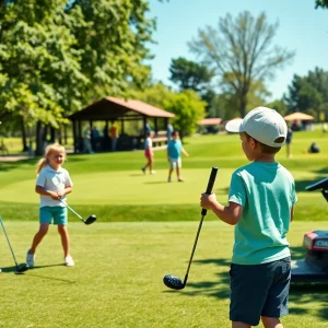 Group of young golfers actively engaging in golfing activities on a sunny course.