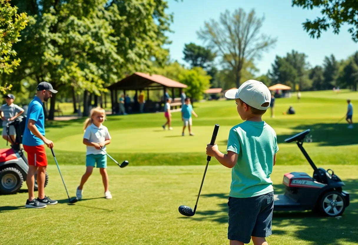 Group of young golfers actively engaging in golfing activities on a sunny course.