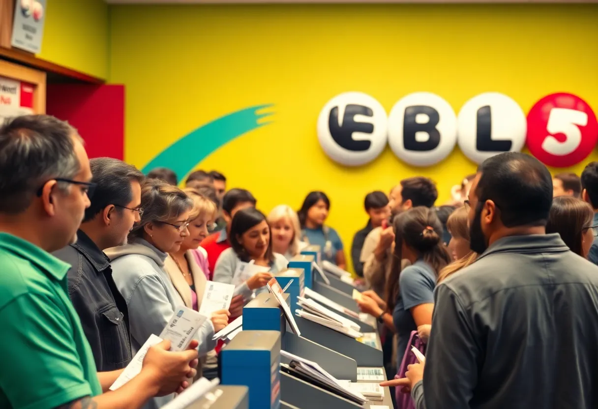 Players purchasing lottery tickets at a busy counter for the Powerball lottery
