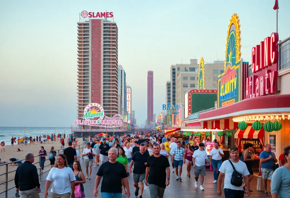 Crowd enjoying the vibrant Atlantic City boardwalk