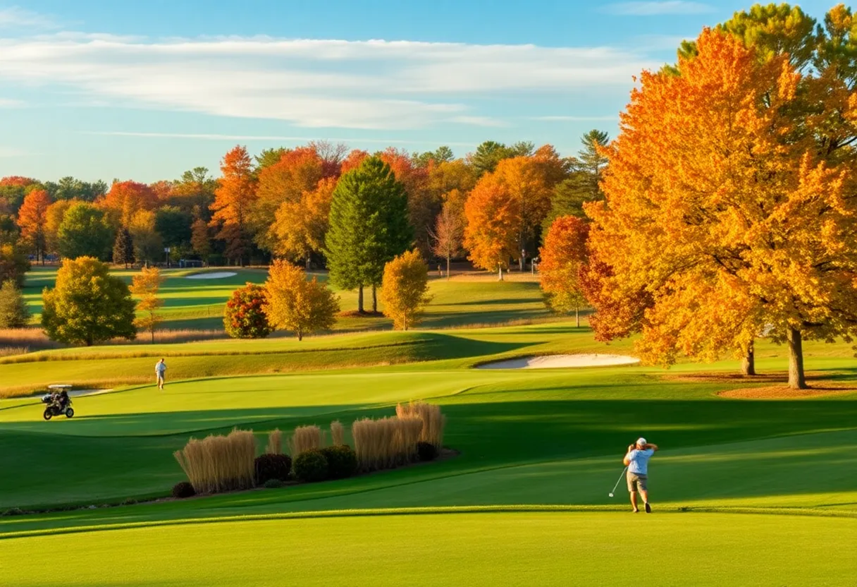 Golfers enjoying autumn golf in Myrtle Beach surrounded by colorful leaves