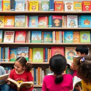 A library shelf showcasing decodable books for children