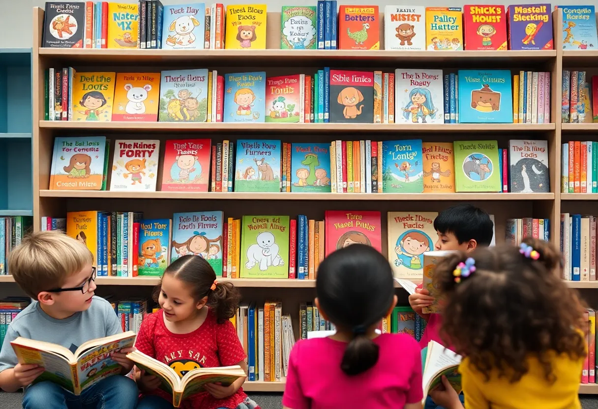A library shelf showcasing decodable books for children