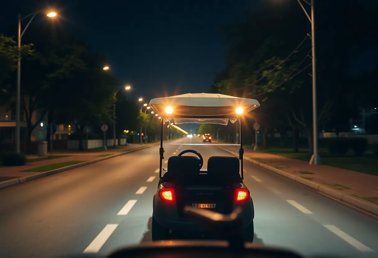 A golf cart driving safely at night on a Clemson street, with visible lights.