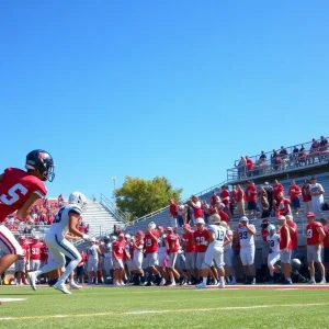 High school football players in action with cheering fans