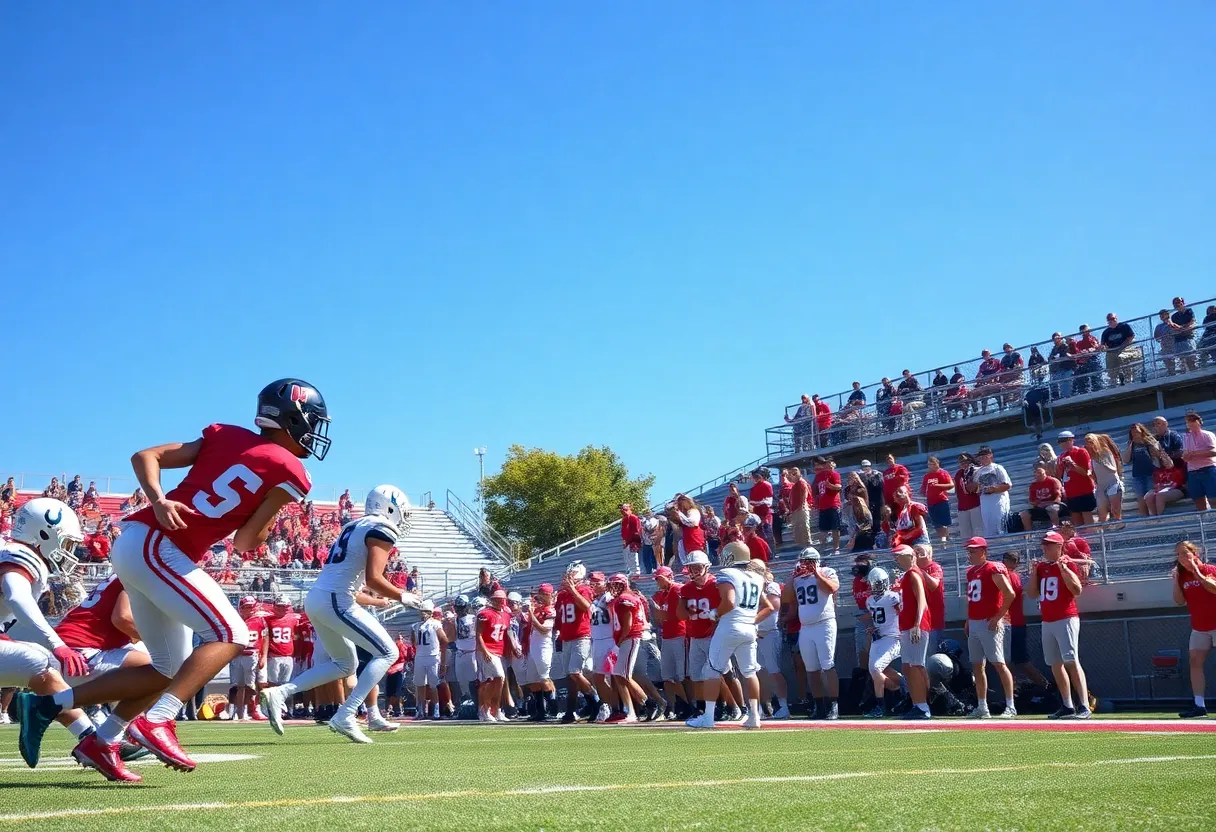 High school football players in action with cheering fans