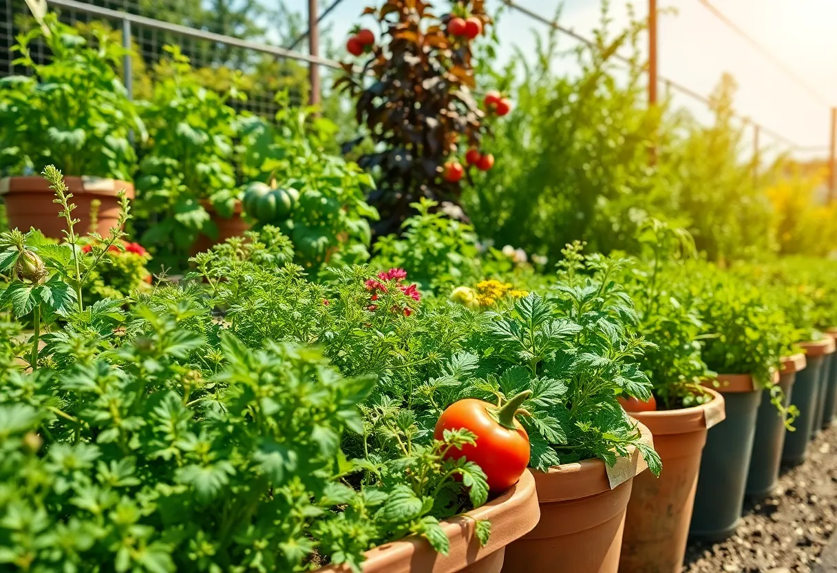 Colorful container garden with herbs and vegetables
