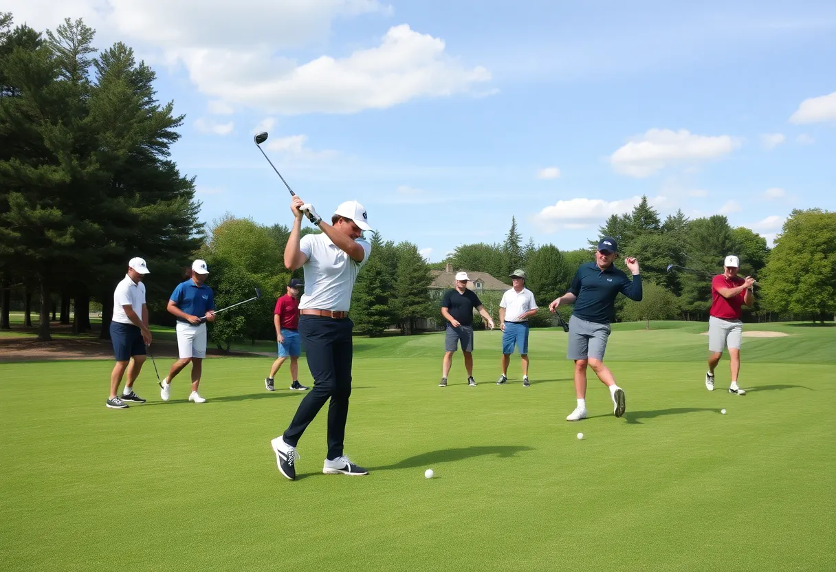 ECU men's golf team practicing on a golf course