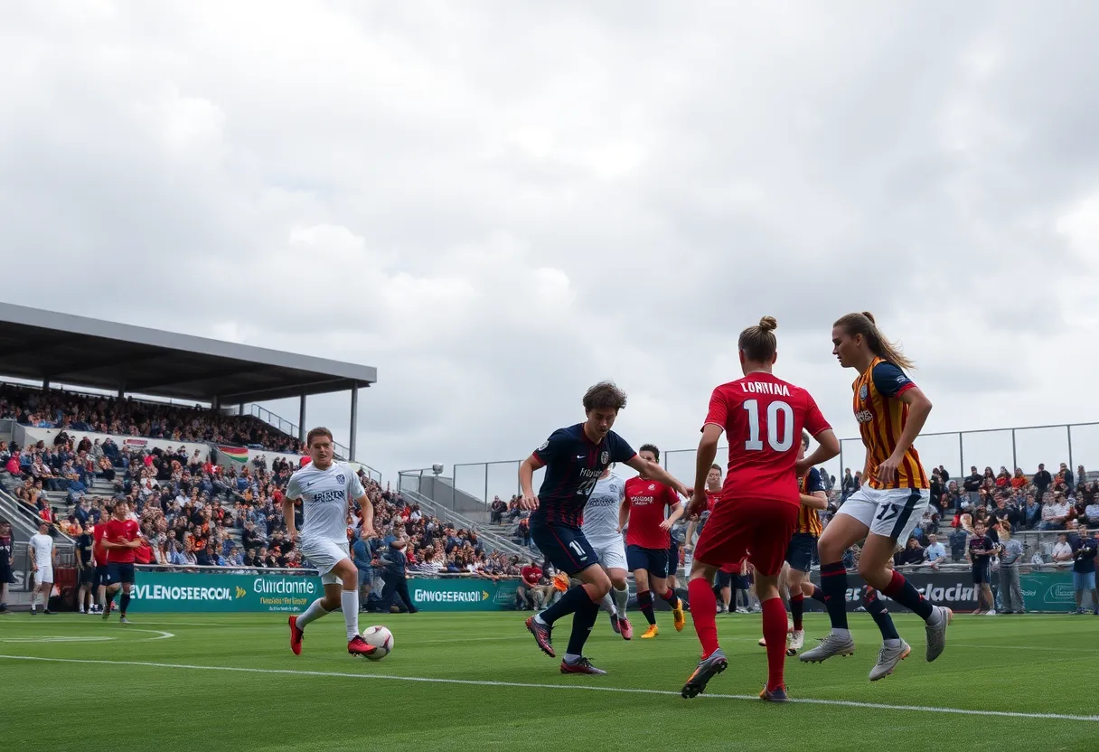 Soccer players in action during a match between East Carolina and Coastal Carolina.