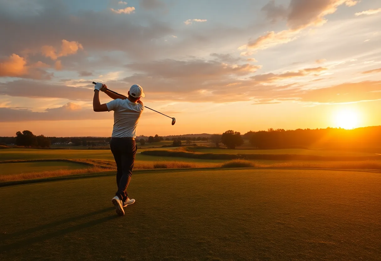 Golfer swinging on a scenic golf course at sunset