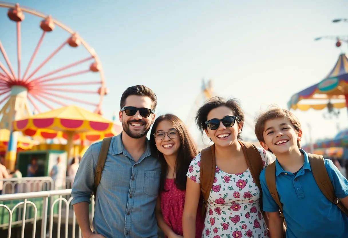A happy family at a theme park enjoying rides and attractions.