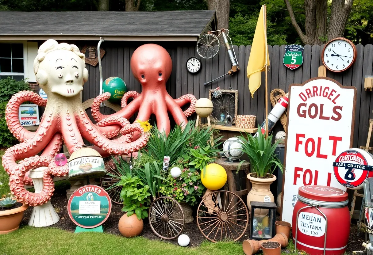 Giant octopus sculpture in a backyard filled with memorabilia.