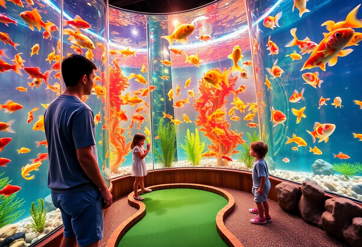Illuminated aquarium displaying various goldfish and koi with families playing mini golf in the foreground.