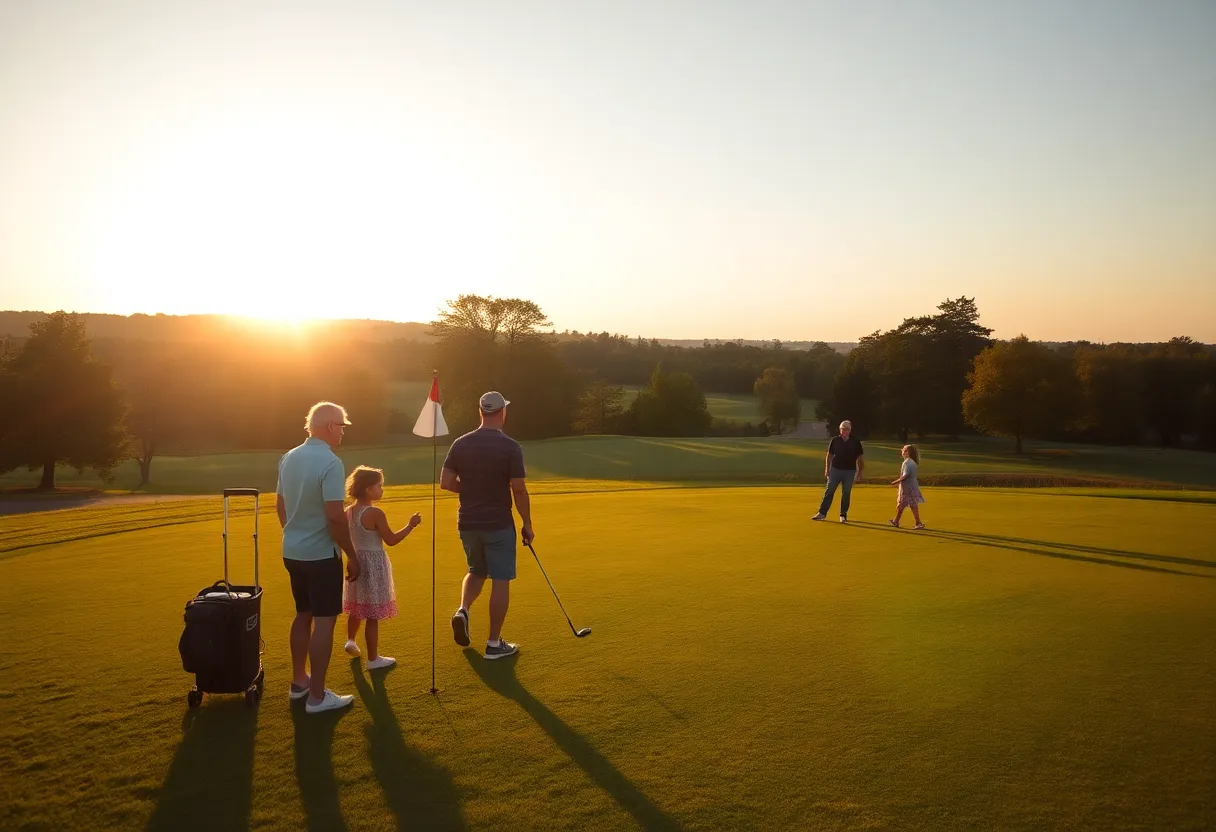 Sunset over a beautiful golf course with families playing golf