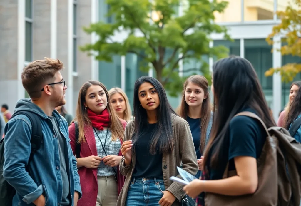 Students on a university campus discussing the impact of H-1B visa fee increase