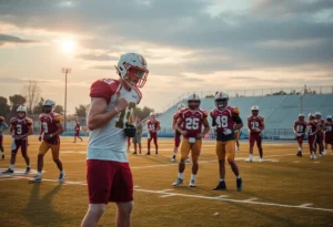 High school football players practicing on a field