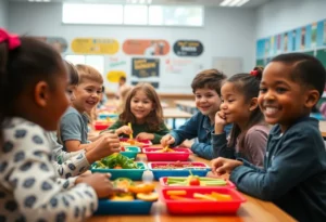 Students in a school cafeteria enjoying nutritious meals together.