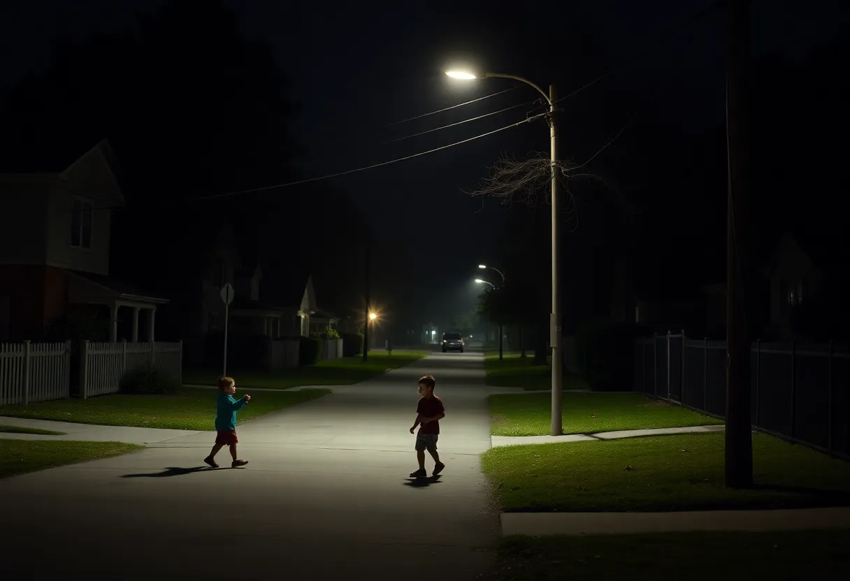 Illustration of a neighborhood at night, symbolizing tragedy.