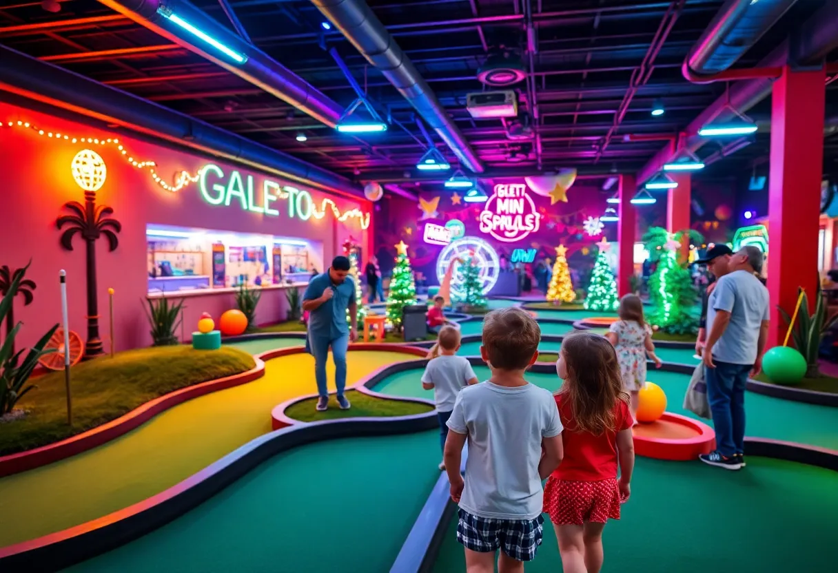 Families playing mini-golf indoors in Myrtle Beach