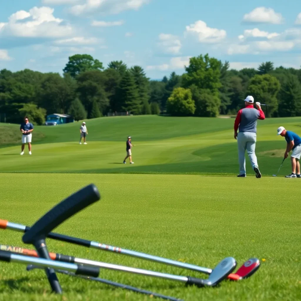 Golfers playing on a lush course during a collegiate tournament