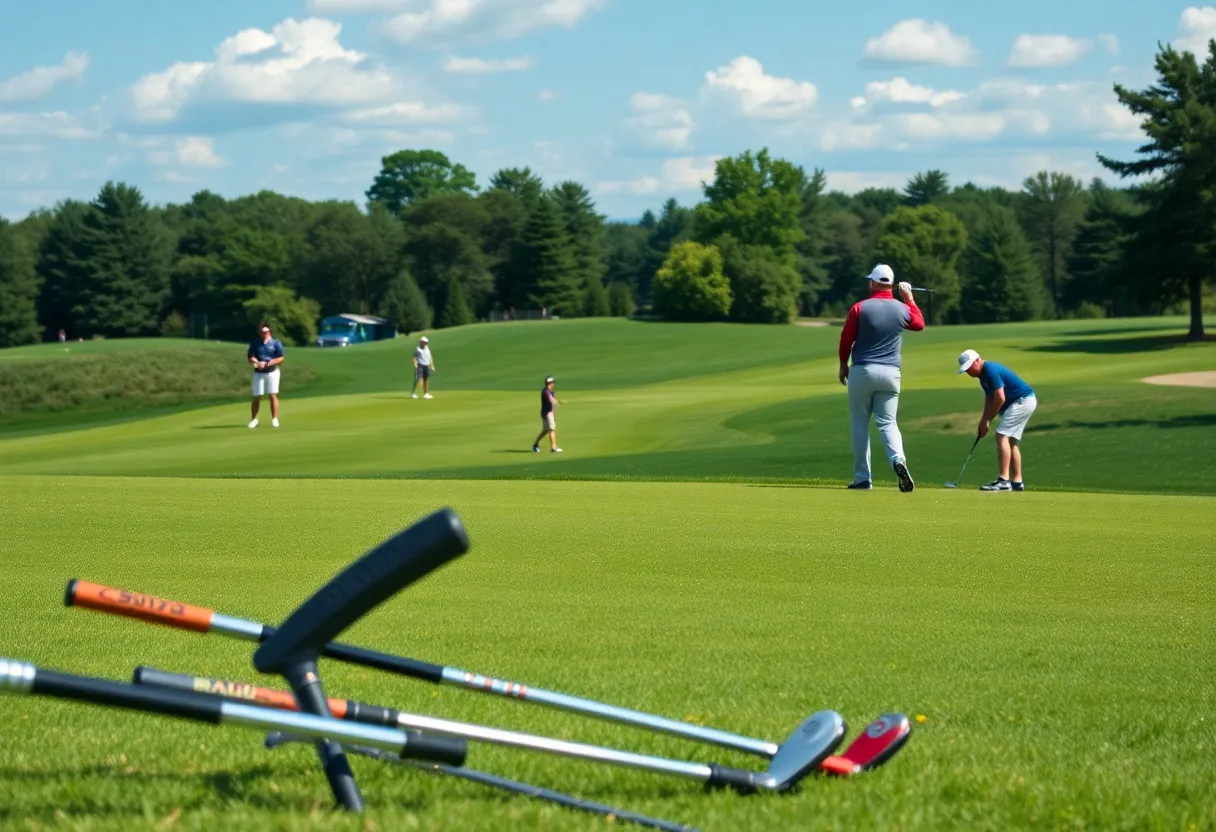 Golfers playing on a lush course during a collegiate tournament