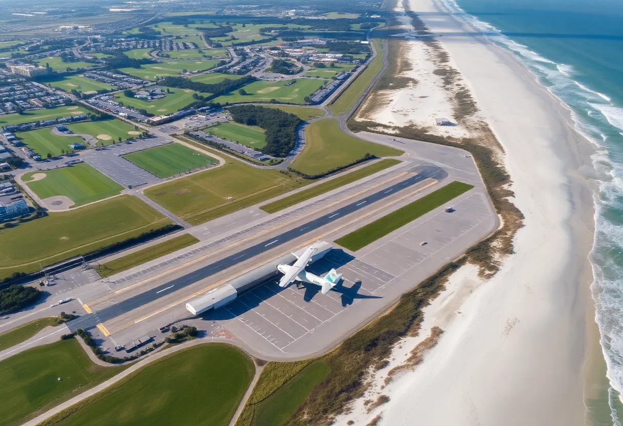 Aerial view of Myrtle Beach International Airport surrounded by golf courses.