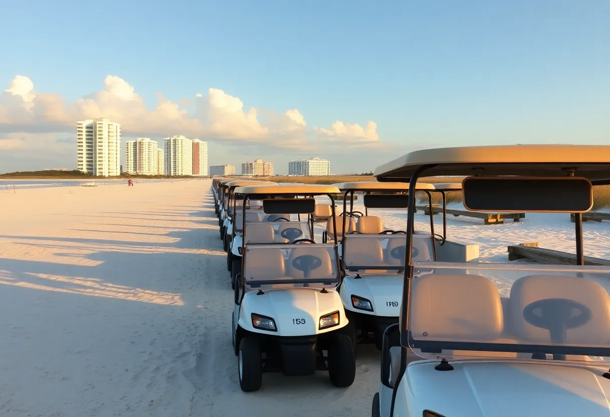 Golf carts parked by the beach in Myrtle Beach