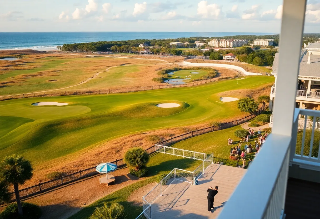 Golfers on a Myrtle Beach golf course surrounded by scenic views.