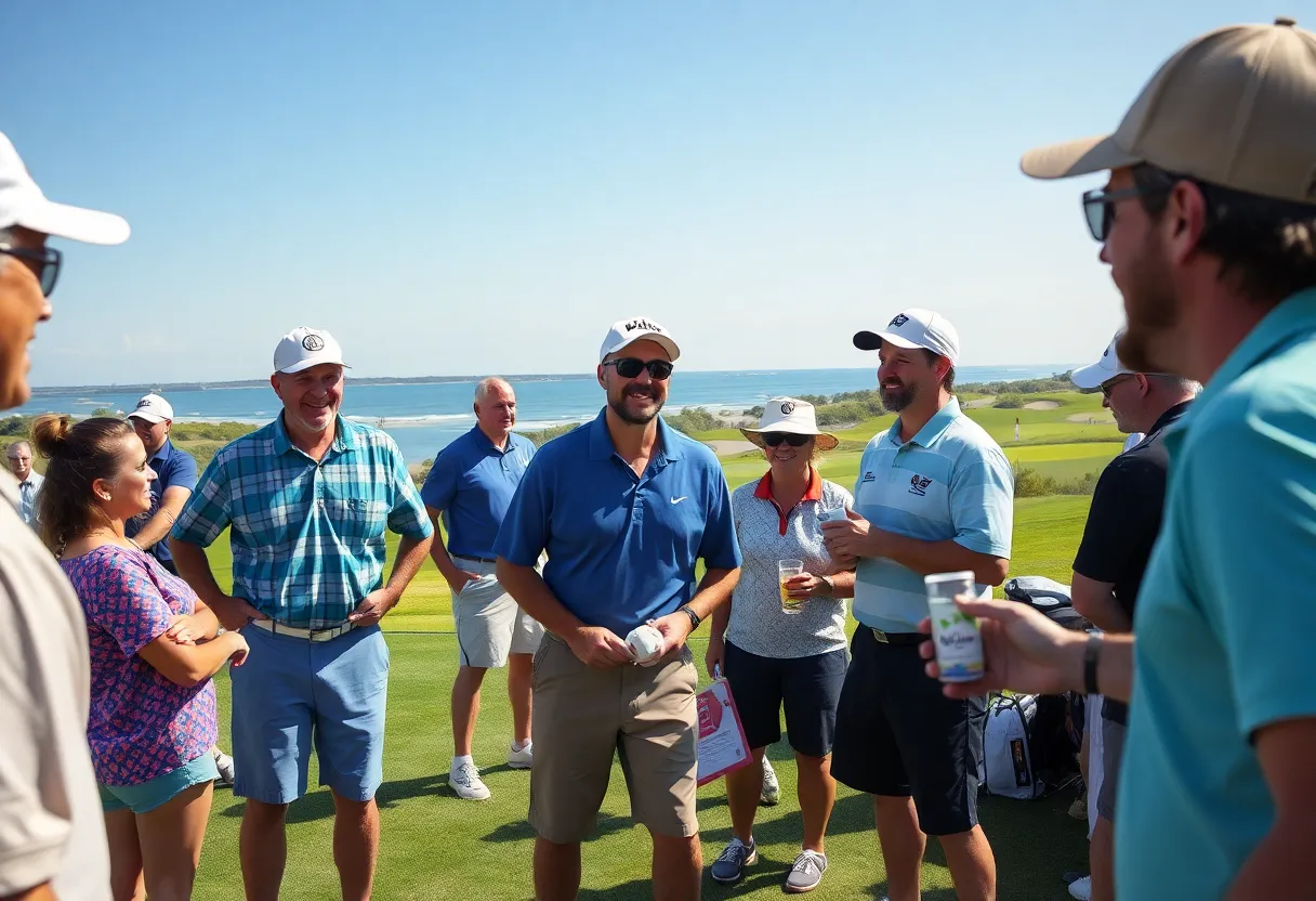 Participants playing golf at Myrtle Beach with a joyful and lively atmosphere.