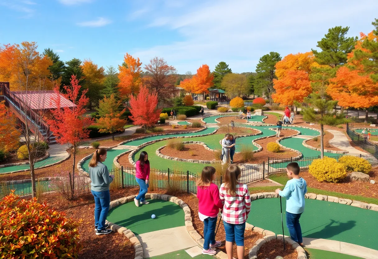 Families playing mini-golf in Myrtle Beach during autumn