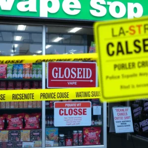 Closed vape shop with police tape highlighting illegal substance investigation.