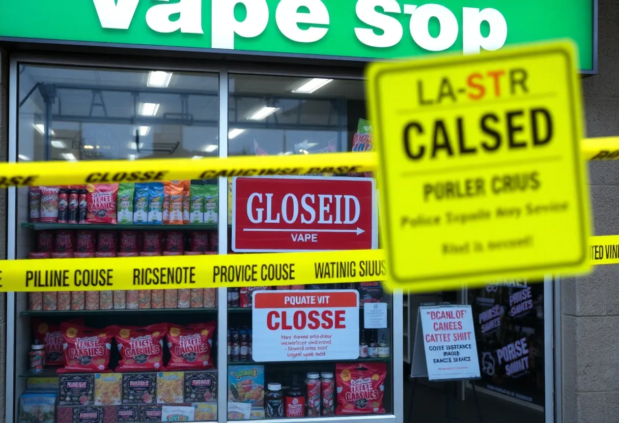 Closed vape shop with police tape highlighting illegal substance investigation.