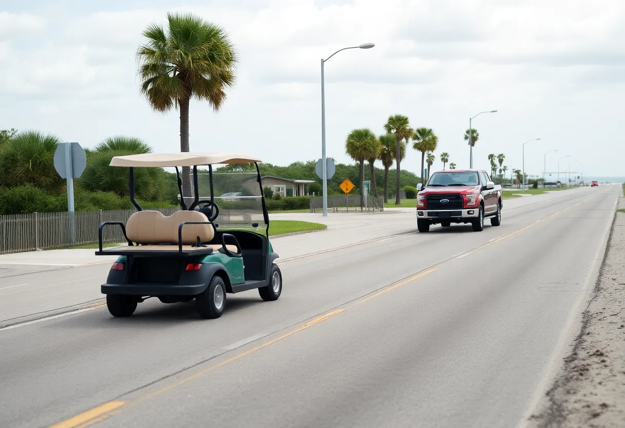 Road in Myrtle Beach with a golf cart and truck